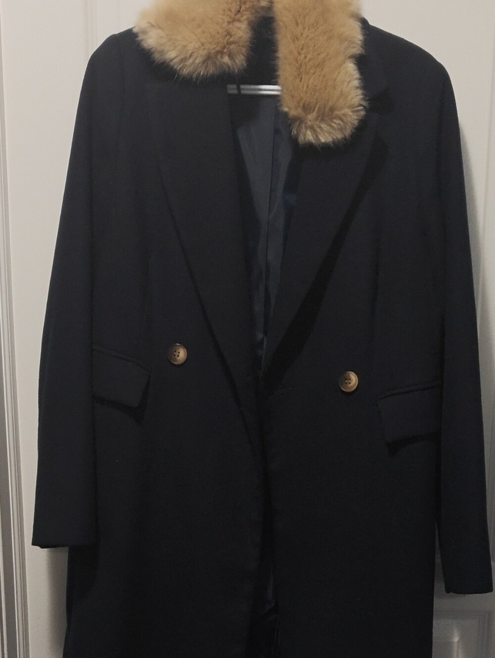 Women's TOPSHOP Navy Overcoat with Tan Faux-Fur Collar SIZE US 6
